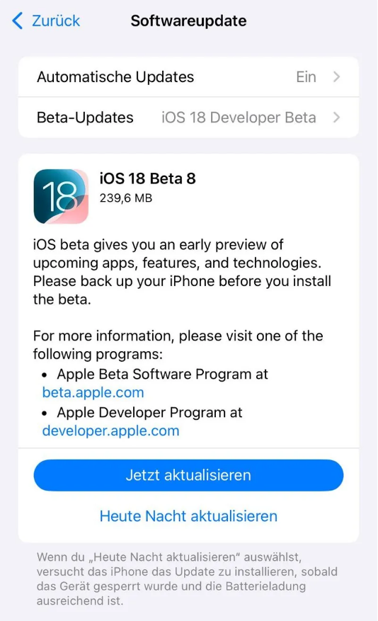 沙坡头苹果手机维修分享苹果 iOS / iPadOS 18 开发者预览版 Beta 8 发布 